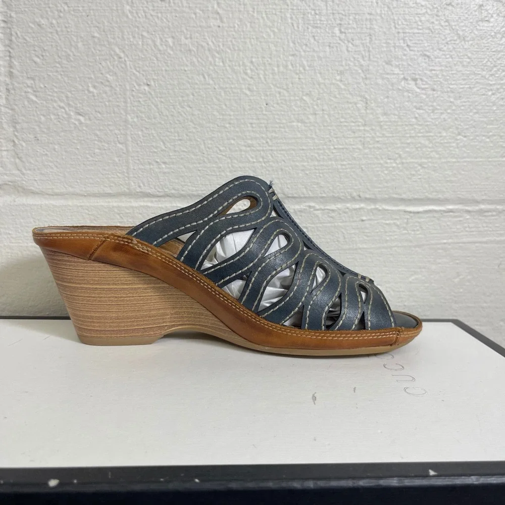 Pikolinos Capri Laser Cut Wedge Sandals Mules Blue Leather Women's 38‎ EU/8 US